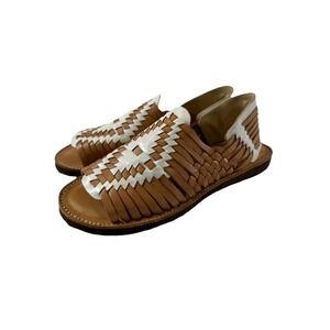 Chamula Chichen Huarache Sandal Sz 8.5 Brown White OpenToe SlipOn Western Tribal